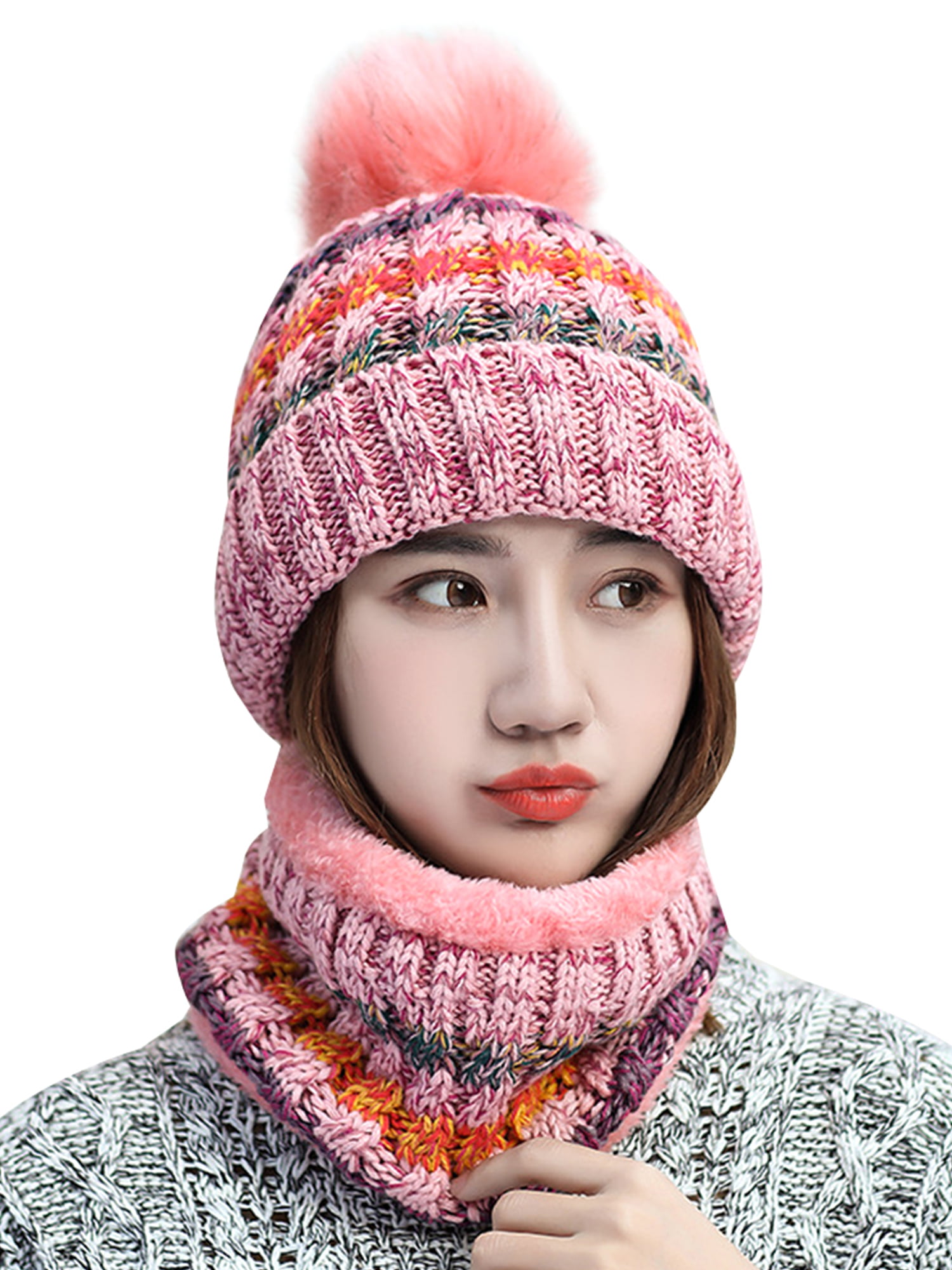 Ladies Women Winter Warm Knitted Beanie Cap Thick Ski Hat Detachable Hat 