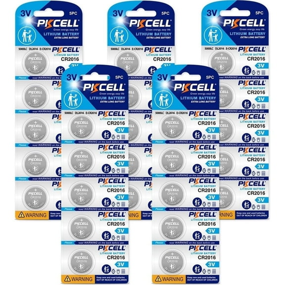 PKCELL CR2016 3V Litium Battery, BR2016 DL2016 ECR2016 Button Coin Cell Watch Batteries, Count 25Pcs