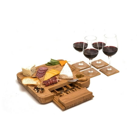 Bamboo Cheese Board Set with Cutlery and Wine Coasters (9-Piece Set) Serve Meat, Cheeses, Crackers | 4 Stainless-Steel Cutting & Serving Knives | Slide-Out Drawer | Includes 4 Wine (Best Way To Serve Cheese)