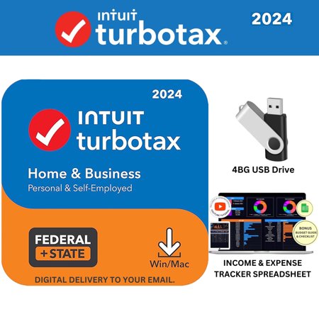[New Version] TurboTax Home & Business 2024 Tax Software, Federal & State Tax Return [PC/MAC Download] - BONUS FREE 4GB USB 2.0 Flash Drives + Income and Expense Tracker Spreadsheet