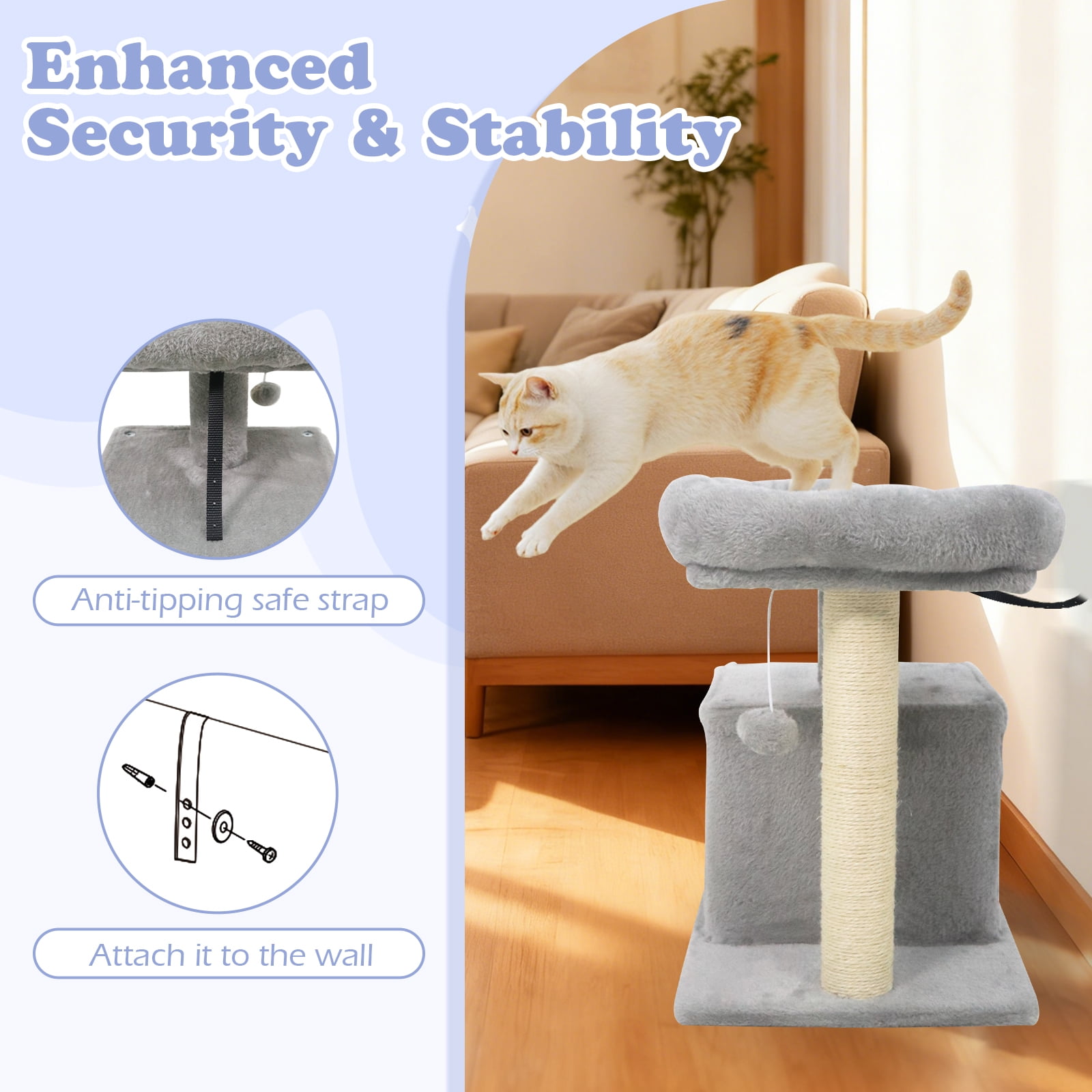 Gymax 19.5'' Small Cat Tree w/Large Padded Plush Perch Condo Sisal Scratching Posts Light Grye