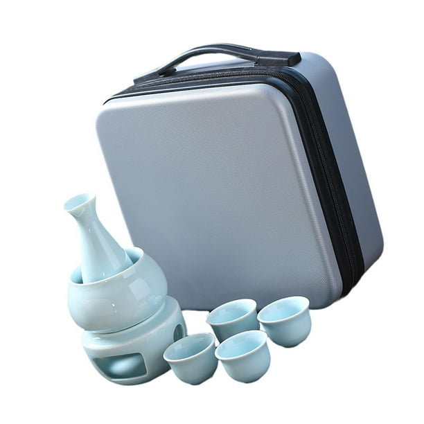 Juego de Sake japonés con decantador de vino más cálido con bolsa de viaje, portavelas tradicional de 4 tazas, bebida de Sake antigua para fiesta de verde claro
