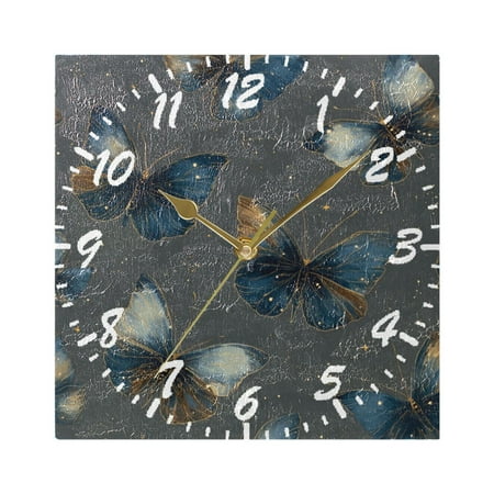 7.78in Square Artistic Wall Clock Dual-Purpose Tabletop & Hanging Decor Silent Non-Ticking Clocks for Home Office brown-blue Butterfly Pattern