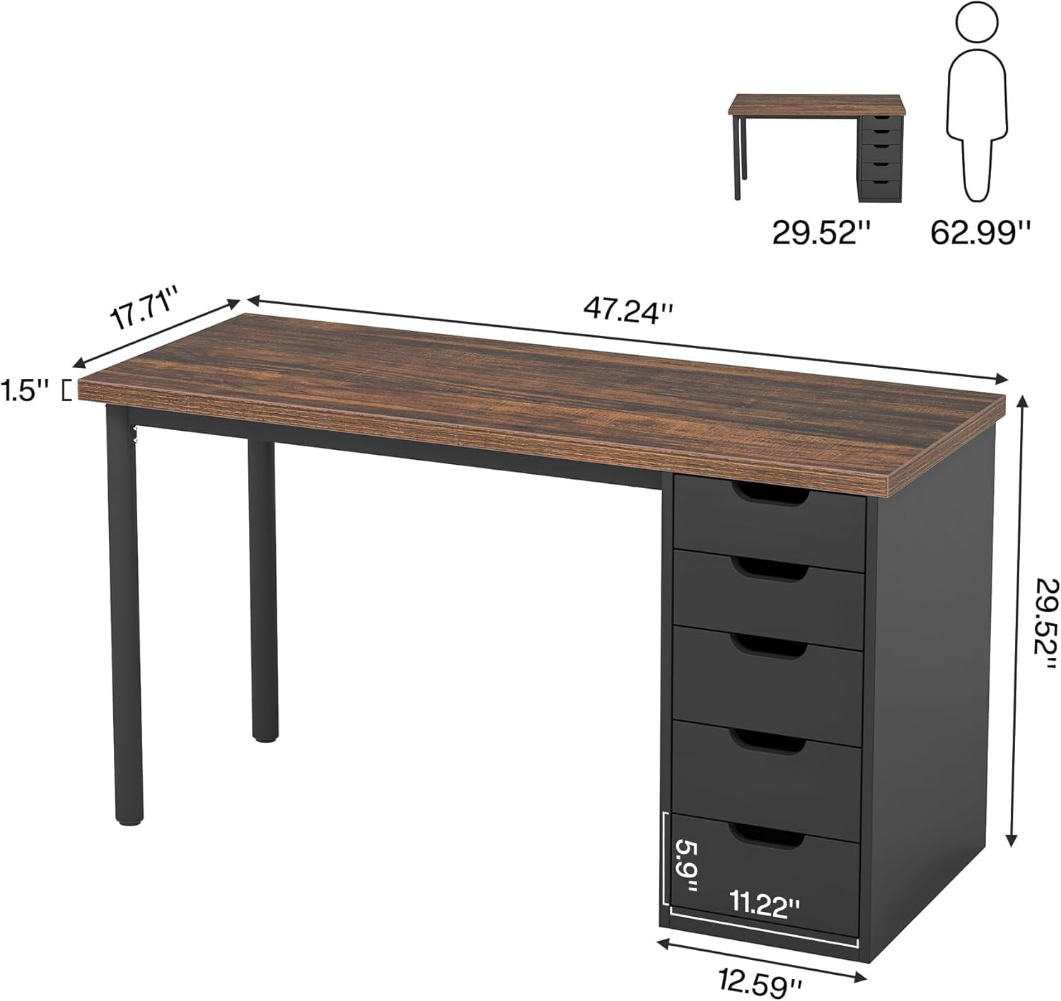 Tribesigns Computer Desk with 5 Drawers, 47 inches Rustic Brown Home Office Desk with Storage, Modern Study Writing Table Workstation for Small Spaces, Brown & Black