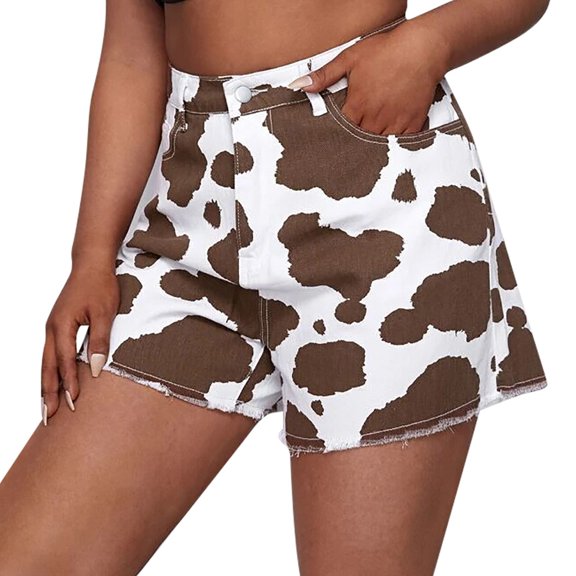 Jean Shorts for Women Trendy Cow Print Raw Hem Denim Shorts High Waisted Summer Hot Pants Casual Cute Jeans (X-Small, Brown)