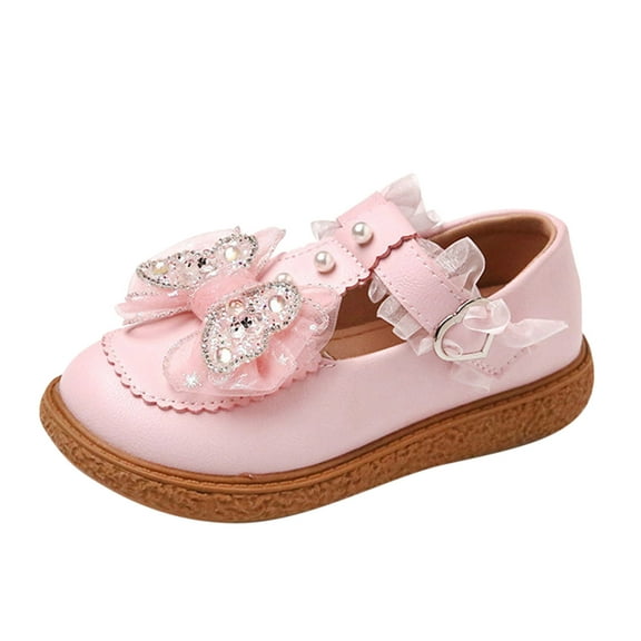 Otqutp Formal Shoes for Flower Girls Fashion Spring Summer Children Casual Shoes Girls Leather Shoes Thick Sole Solid Pearl Bowknot Rhinestone Dress Shoes
