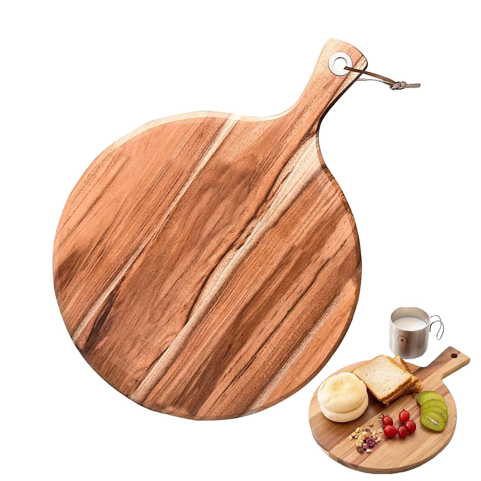 CMrtew Wood Cutting Board with Handle Wooden Chopping Board Round Cutting Boards for Kitchen Decor Large Charcuterie Board Tray Meat Cheese Board Bread Serving Platter Butcher Block Pizza Board