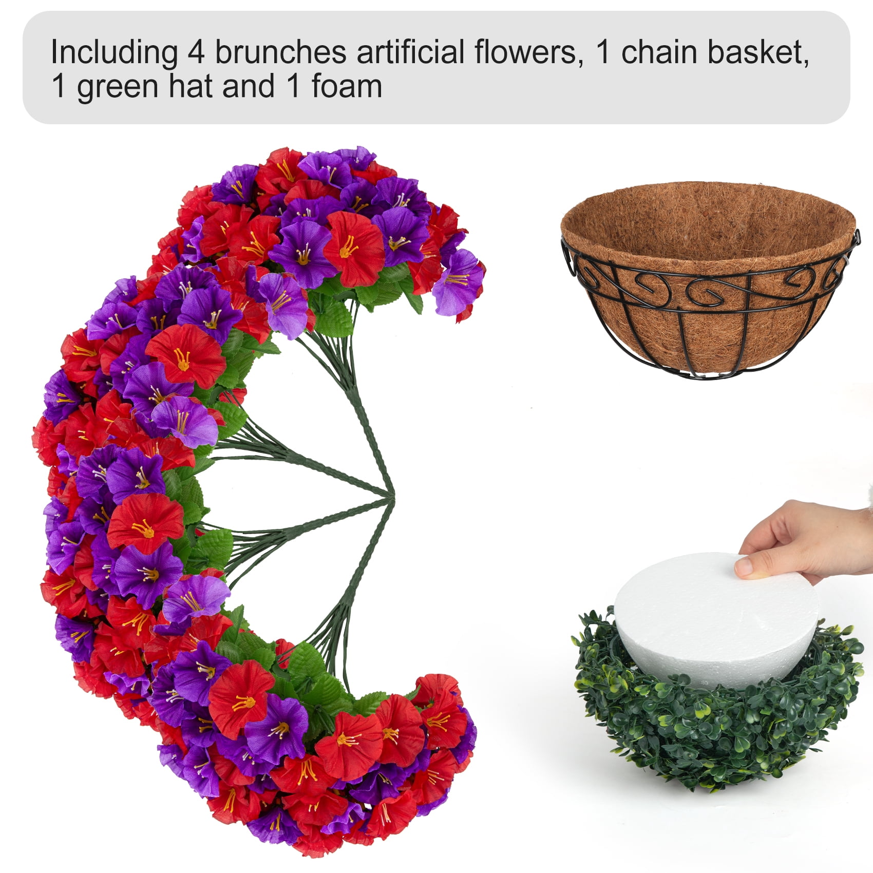 AcerichFad Artificial Hanging Flowers, 4 PCS Fake Silk Flowers Faux Plants with Coconut Basket for Spring Summer Indoor Outdoor Home Decor, Red Purple