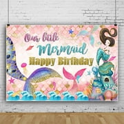 SUNOLIFE Mermaid Birthday Backdrop Banner for Kids Girls Baby Shower Photo Background Banner 7x5ft