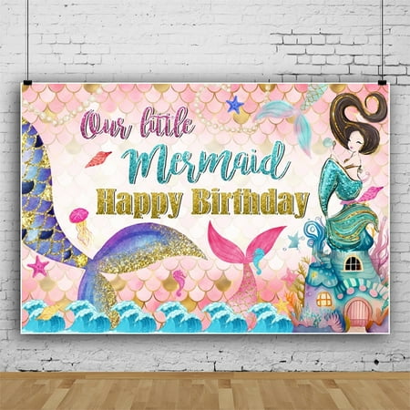 SUNOLIFE Mermaid Birthday Backdrop Banner for Kids Girls Baby Shower Photo Background Banner 6x4ft