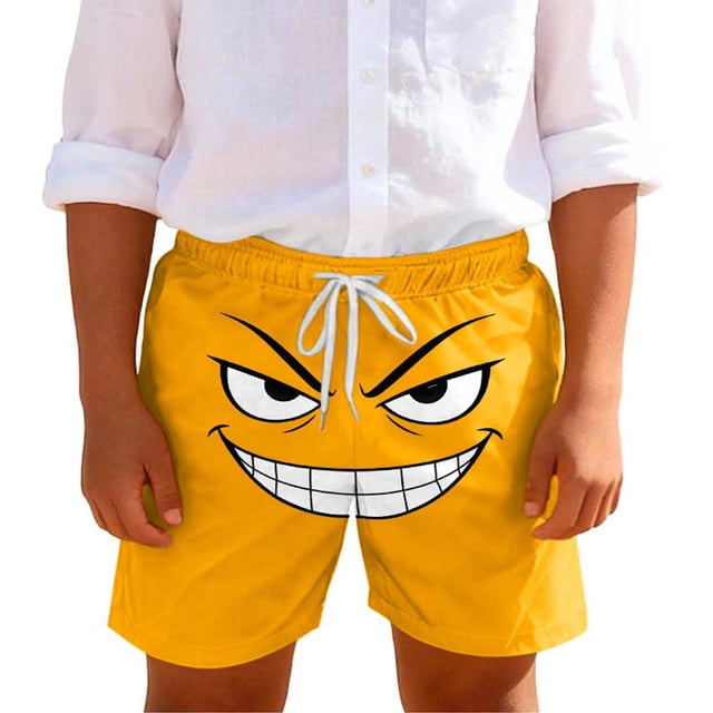 Toddler Boys Swim Trunks Little Kids Swim Shorts, Cute Expression Print Solid Color with Pockets for Summer