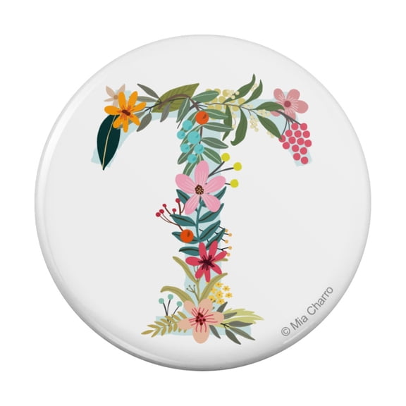 Letter T Floral Monogram Initial Pinback Button Pin