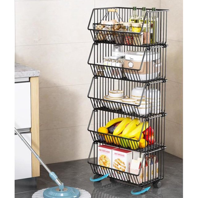Fruit Vegetable Storage Basket With Wheels Kitchen Storage Rack 6-Tier Fruit Vegetable Stackable Floor-Standing Movable Organizer Household Storage Snack Shelf for Kitchen Living Room Dressers Stand