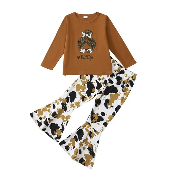 Kucnuzki 4T Toddle Girls Pant Sets 5T Toddler Girls Outfits Long Sleeves Pullover Top Cute Girl Print Shirt Top Leopard Flared Pants 2pcs Clothing Sets Brown