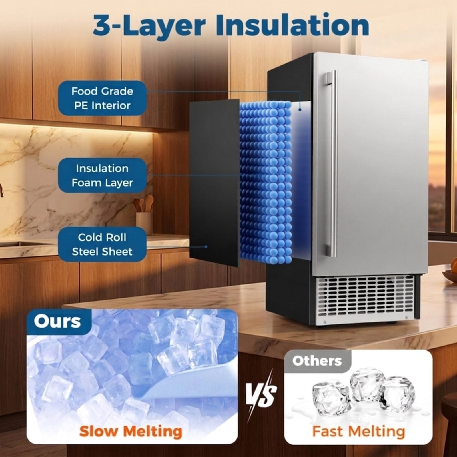 RUIE Under Counter Ice Maker Machine 90 lbs/Day, Built-In Freestanding Commercial Ice Machine with 25 lbs Storage, Stainless Steel for Home Kitchen Bar