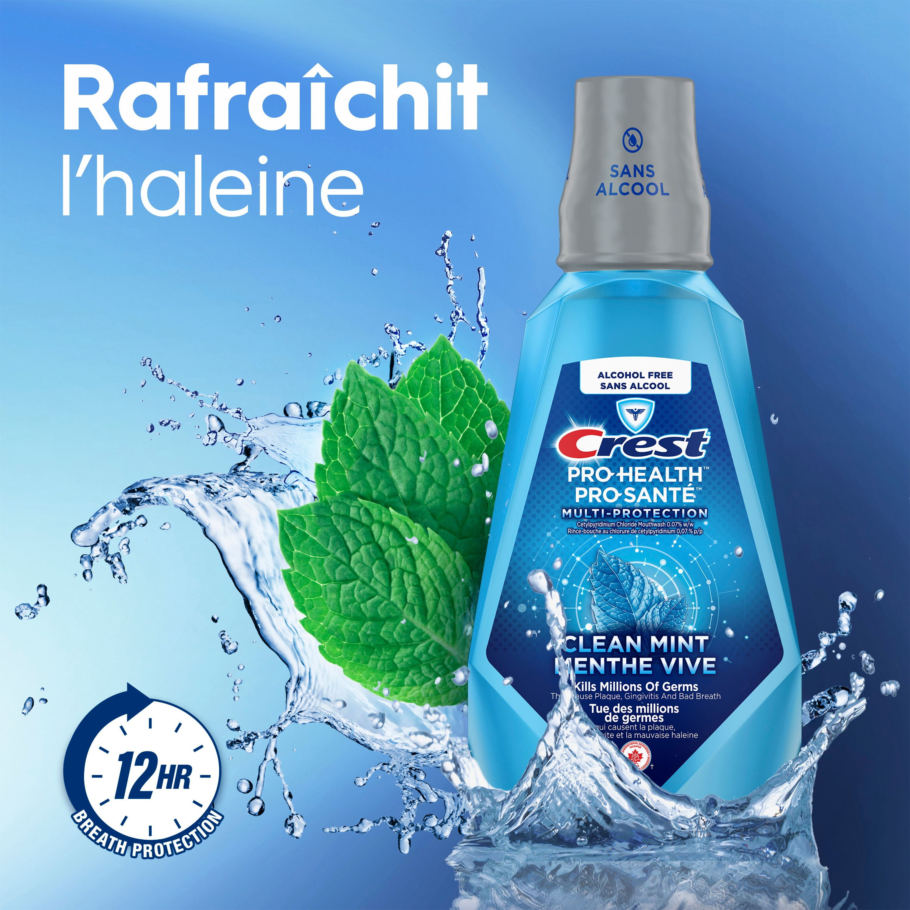 Rince-bouche Crest Pro-Santé Multi-Protection Menthe vive  500 mL, menthe propre rafraîchissant