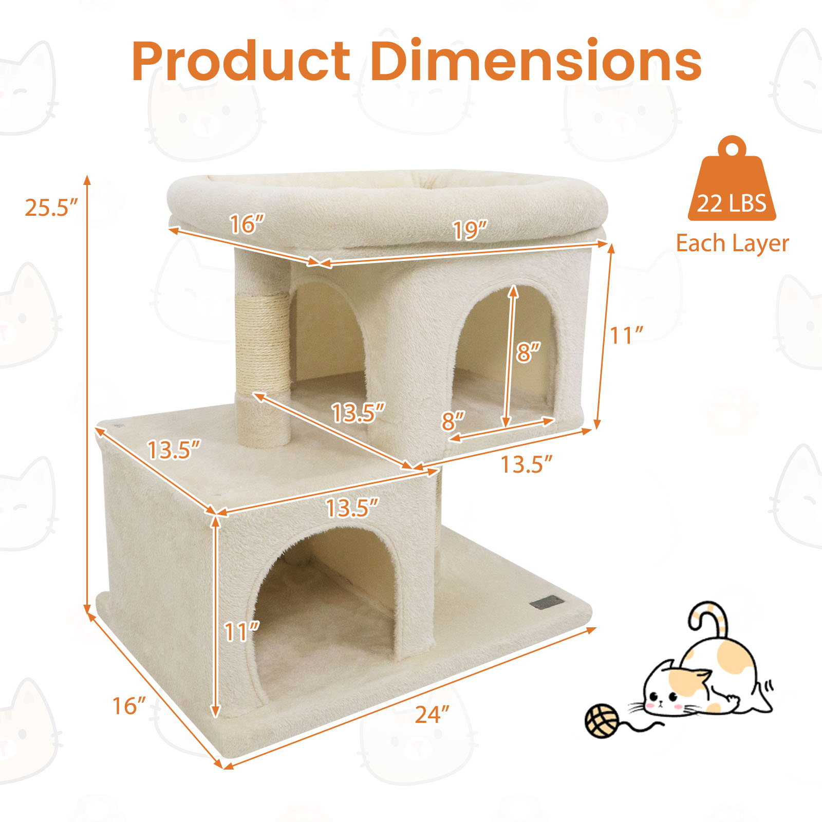 Gymax 25.5'' Cat Tree w/2 Large Condo Padded Top Perch Sisal Scratching Posts for Cats Beige