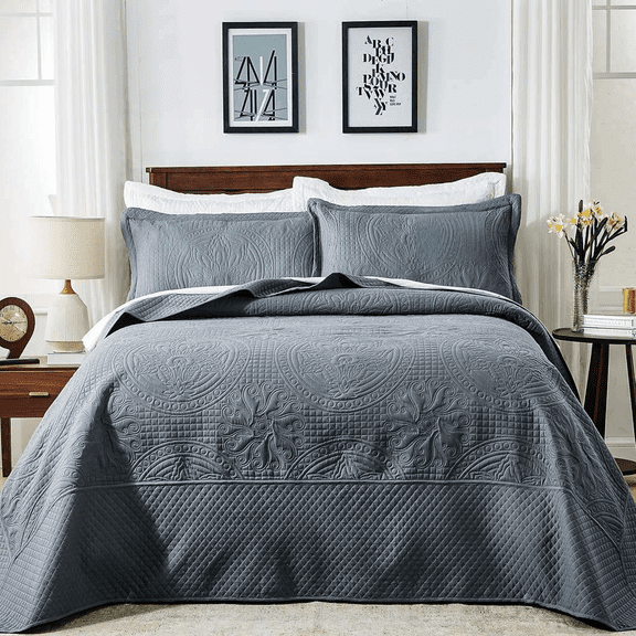 Oversized King Bedspread Set 128x120 Inches with 2 Shams Dark Grey