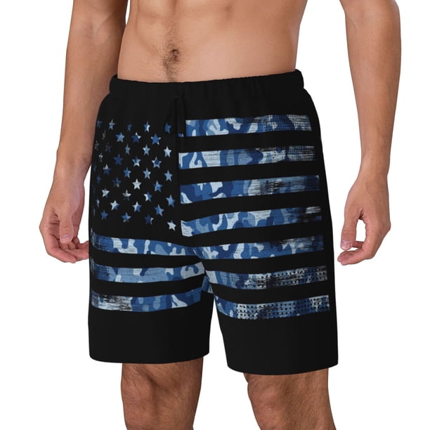 Balery Navy Camouflage American Flag Bañador para hombre, shorts de playa de secado rápido con entrepierna y forro de compresión-Small
