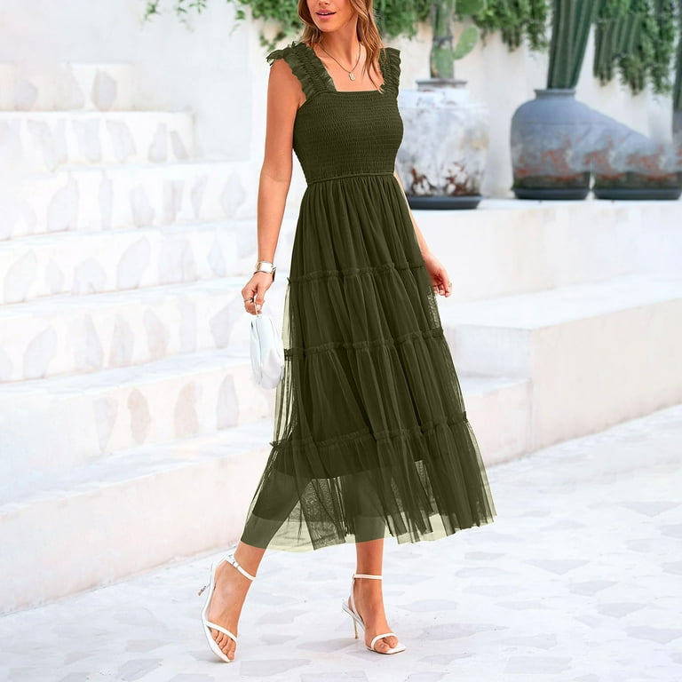 Lyeaa Long Dresses for Women Formal Sleeveless Plus Size Elegant Loose Tiered Cocktail Dresses Solid Fashion Prom Birthday Flowy Ball Gown Party