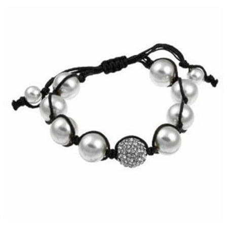 Zircomania 622B0028WHT Pave Clear Crystal and White Faux Pearl Beaded Macrame Adjustable Bracelet
