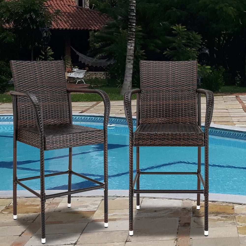 Set of 2 Rattan Wicker High Bar Stool, Counter Height Tall Patio Chair