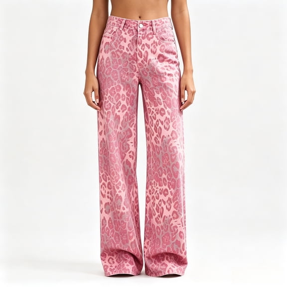 JOLIP Women's High Rise Pink Leopard Print Wide Leg Denim Pants, 4-12