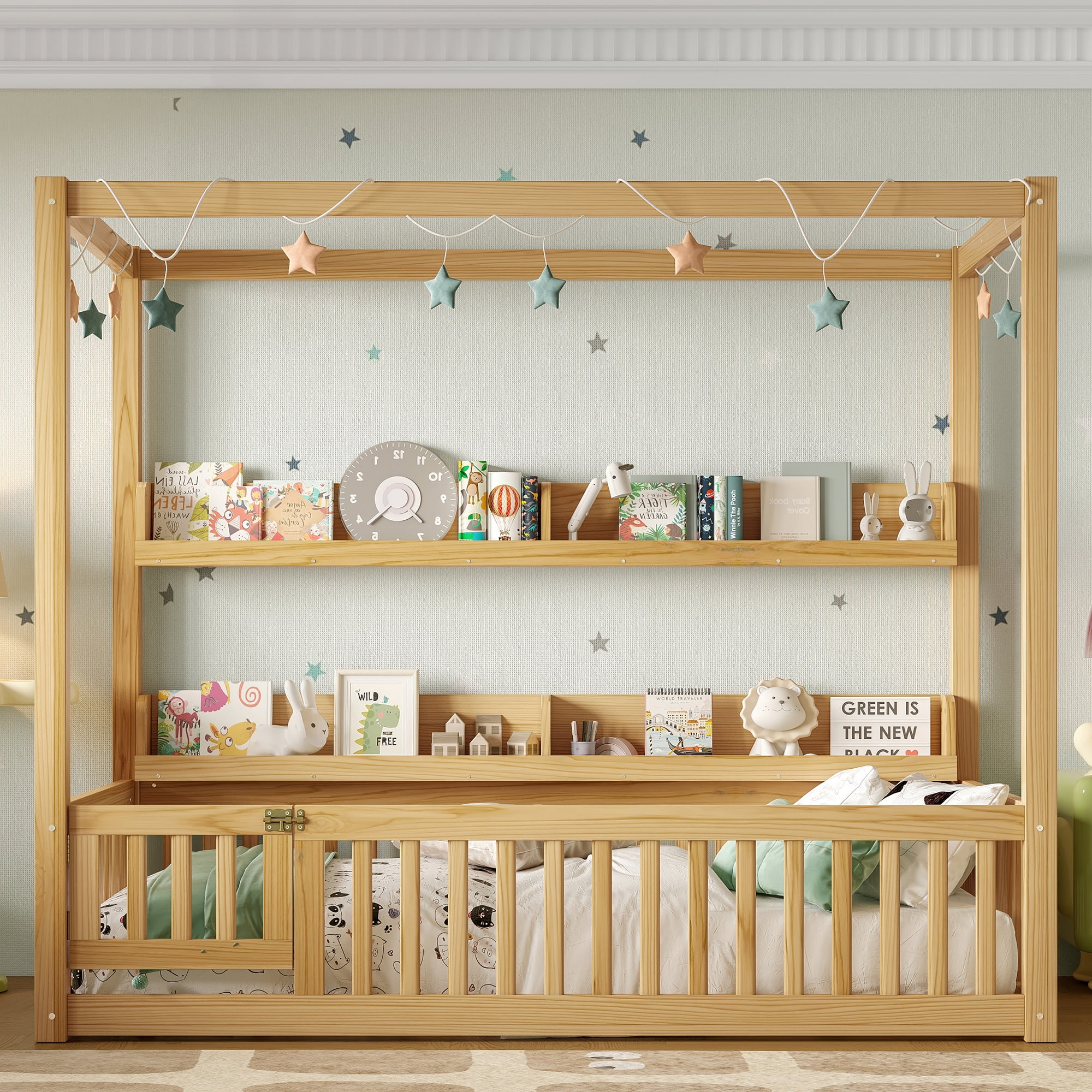 Mintazer Twin Floor Canopy Bed with 4 Shelves & Guardrails, Wood Montessori Floor Bed Frame for Kids, Boys, Girls, No Spring Box Needed, Natural