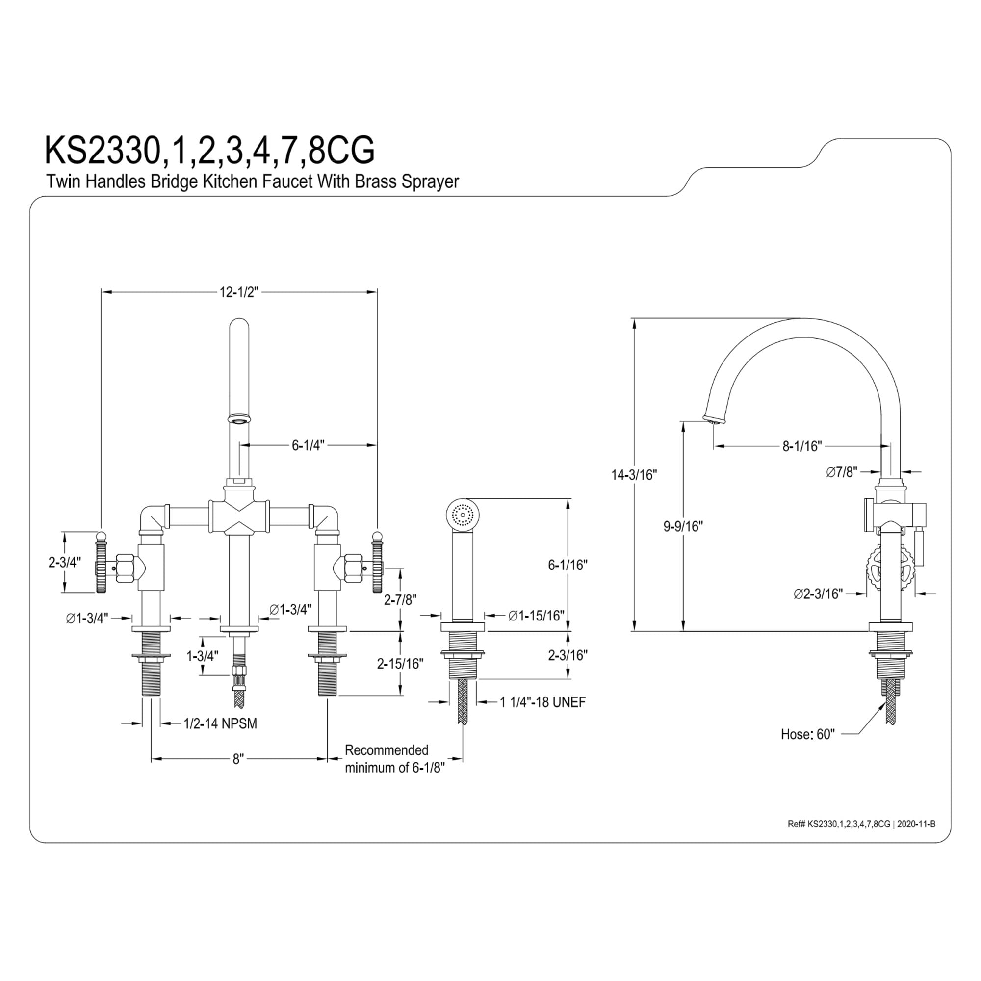 Kingston Brass KS2334CG Fuller Two-Handle 4-Hole Deck Mount Industrial Style Bridge Kitchen Faucet with Brass Side Sprayer in Black Stainless