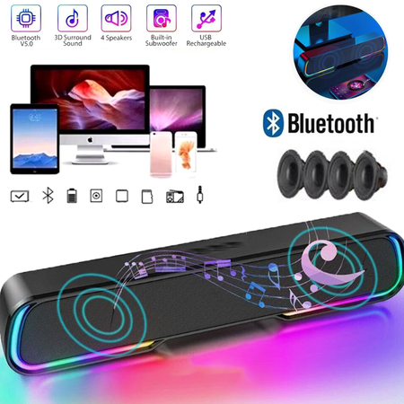 Home Theater Bluetooth Soundbar with Bass, 4 Dynamic Light Modes, Bluetooth 5.0, 52mm Magnetic Speakers – Compatible W/ TV, PC, Phone