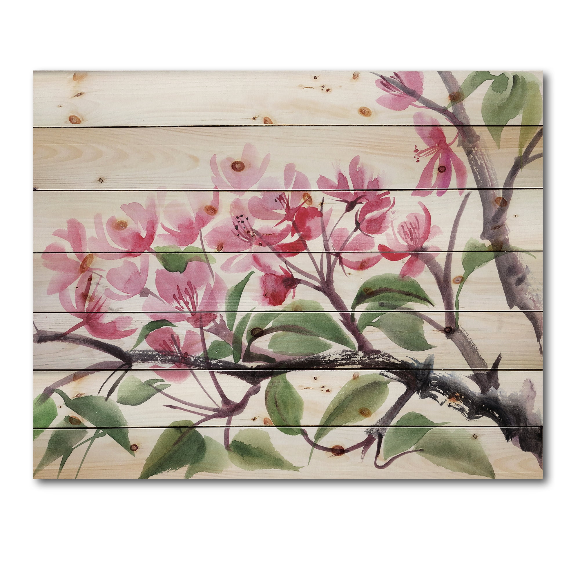 Designart 'Pink Blossoming Floral Tree' Traditional Print on Natural Pine Wood