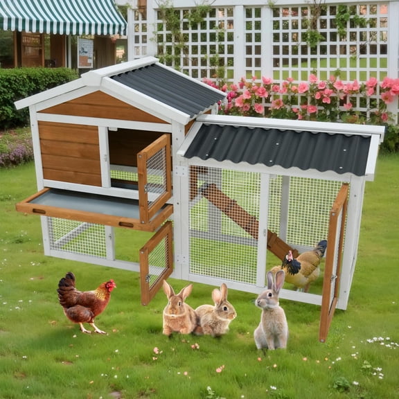58-Inch Wooden Rabbit Hutch with Outdoor Run and Waterproof Roof, Bunny Cage and Guinea Pig House for Small to Medium Animals with Cleaning Tray, Orange-White