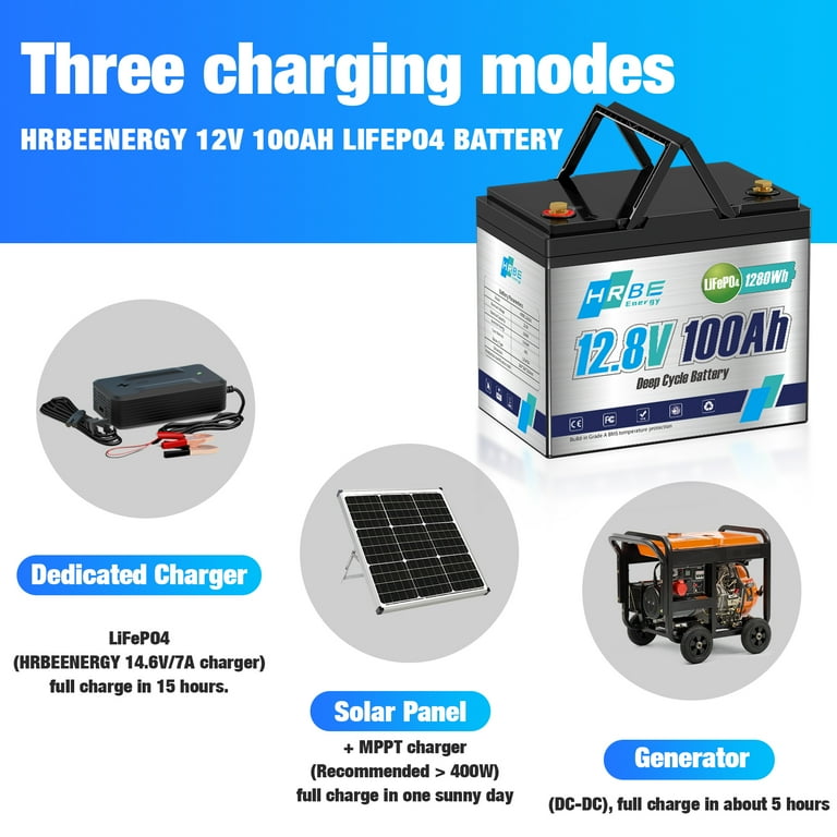 HRBEENERGY 2 Pack LiFePO4 12V 100Ah Battery with Charger, 8000+
