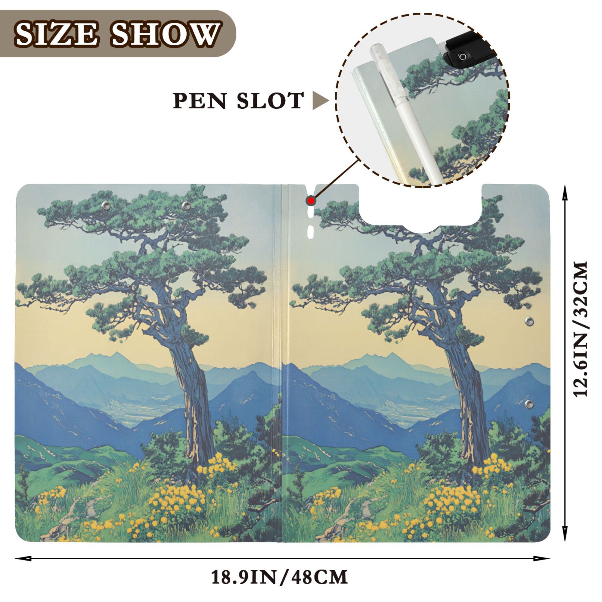 FORMRS A4 Clipboard Folder with Pen Holder Horizontal Foldable School Office Binder, Retro Mountain