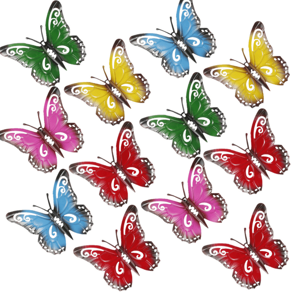 12Pcs Metal Butterfly Wall Decor Butterfly Metal Wall Art Garden Butterfly Sculpture Hanging Ornaments Metal Wall Sculptures for Indoor Outdoor Garden Yard Sheds Home Walls Fences Decor 3.7 x 4.1 Inch