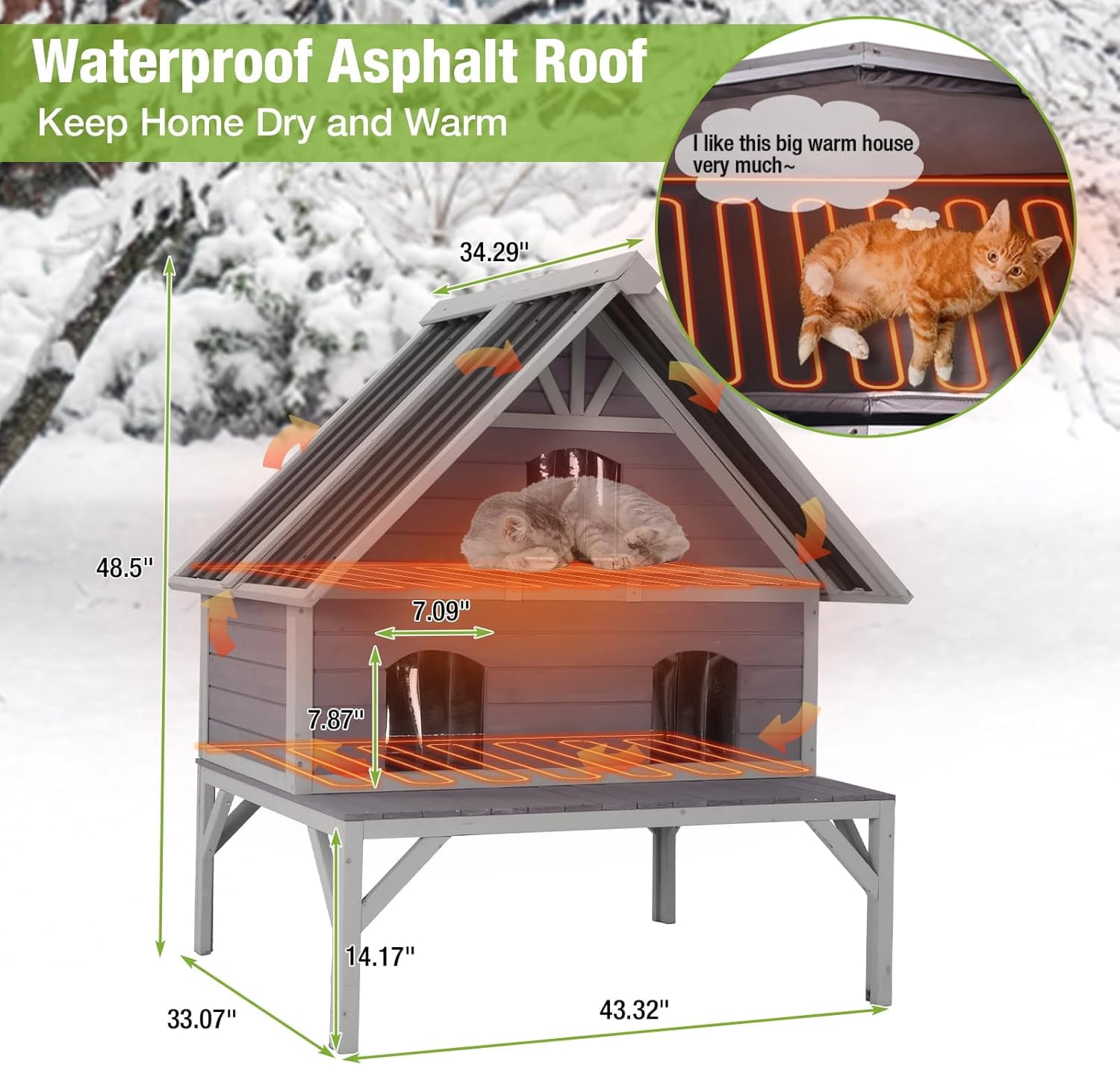 MEDEHOO Heated Cat House with Heater, Indoor/Outdoor Pet Shelter with Insulated Liner Keep Warm in Winter,Raise Legs with Large Platforms