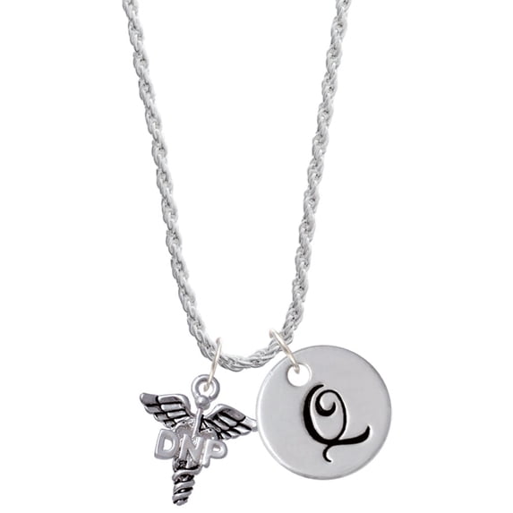 Delight Jewelry Silvertone Caduceus - DNP Silvertone Script Initial Disc - Q - Charm Necklace, 20"+3"