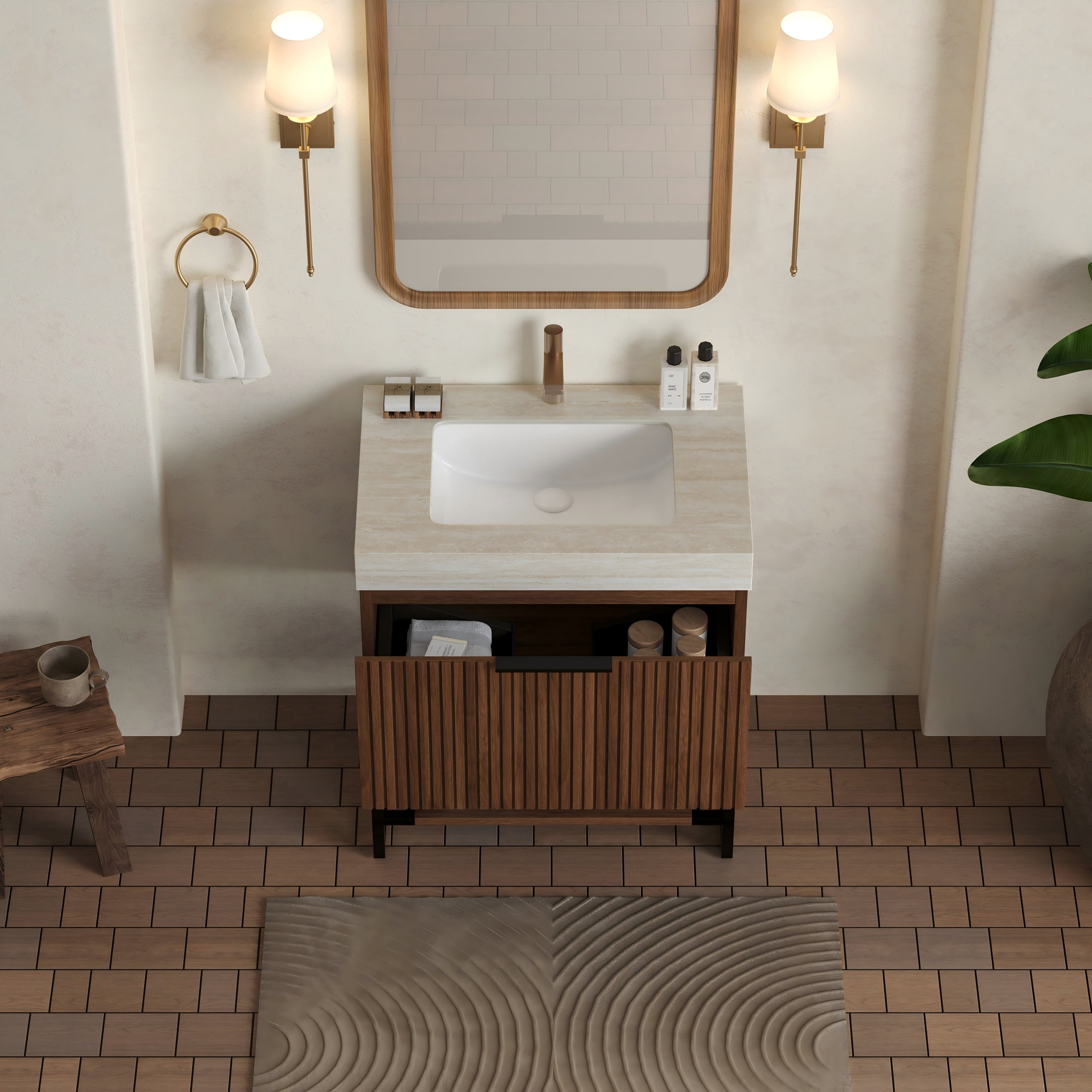 30" Pre-assembled Freestanding Bathroom Vanity with Sintered Stone Top, Drawer and Open Shelf Storage Cabinet