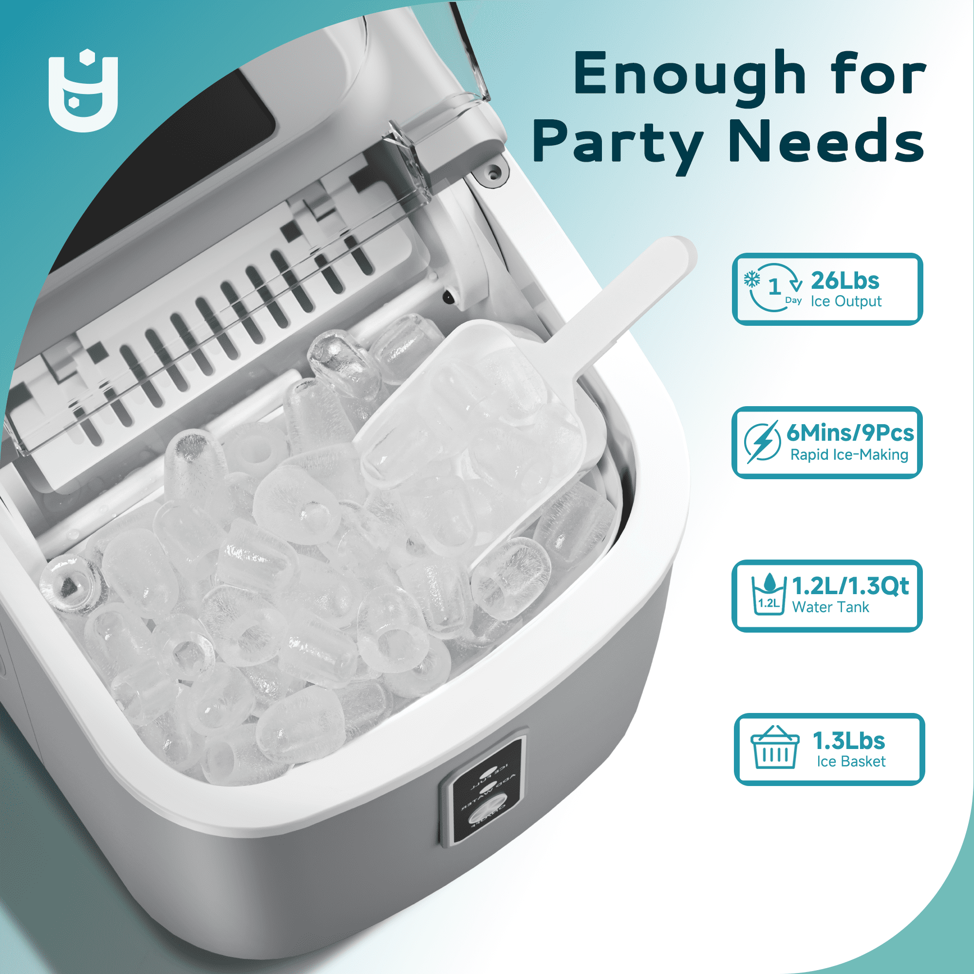 EUHOMY Countertop Ice Maker 26 lbs/Day Portable Self-Cleaning, 9 Bullet Ice in 6 Min, Gray