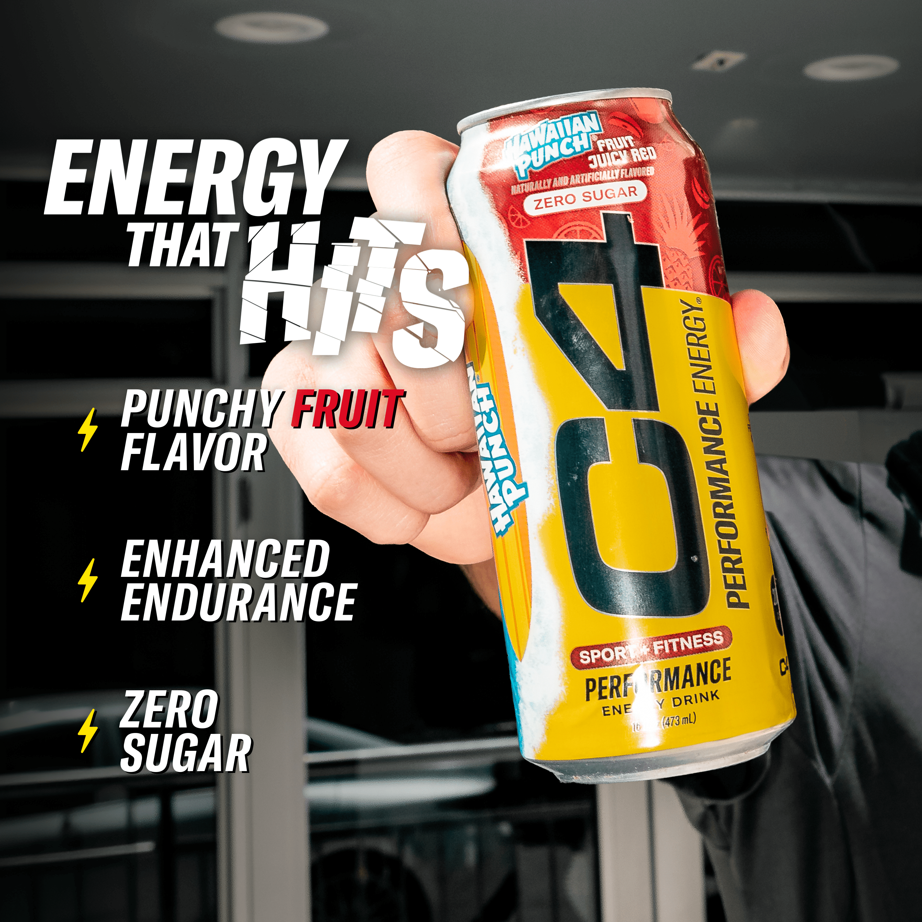 C4 Performance Energy Drink, Hawaiian Fruit Punch Juicy Red Flavor, Zero Sugar, Carbonated, 16 fl oz Can, 12 Pack