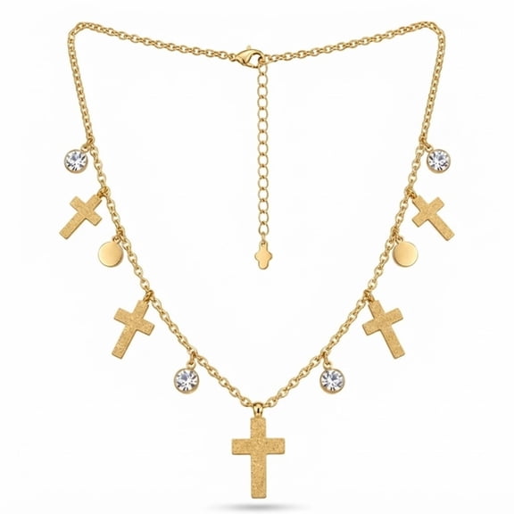 Kerinzo - Gold Tone Layered Cross Charm Necklace with Crystal Accents for Women | Adjustable Multi Layer Chain Jewelry