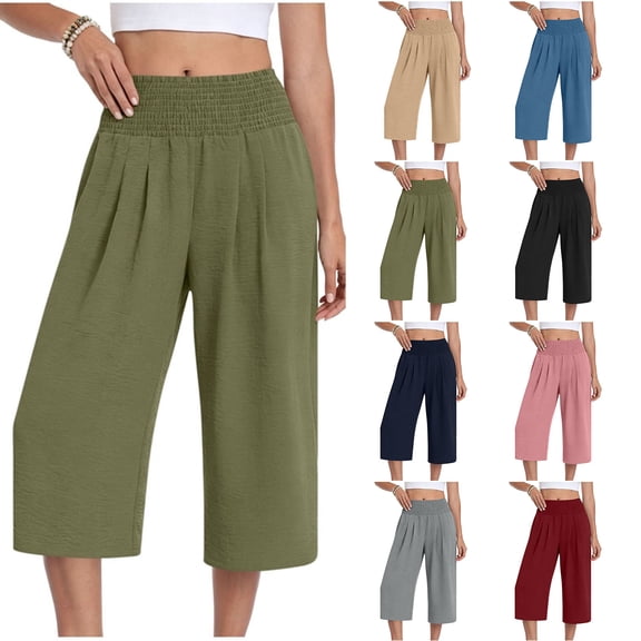 Favoffer Women's Casual 3/4 Length Pants Solid Color Elastic Waist Ruched Pocket Pleated Breathable Capri Trousers Summer Everyday Bottom for Walking Errands