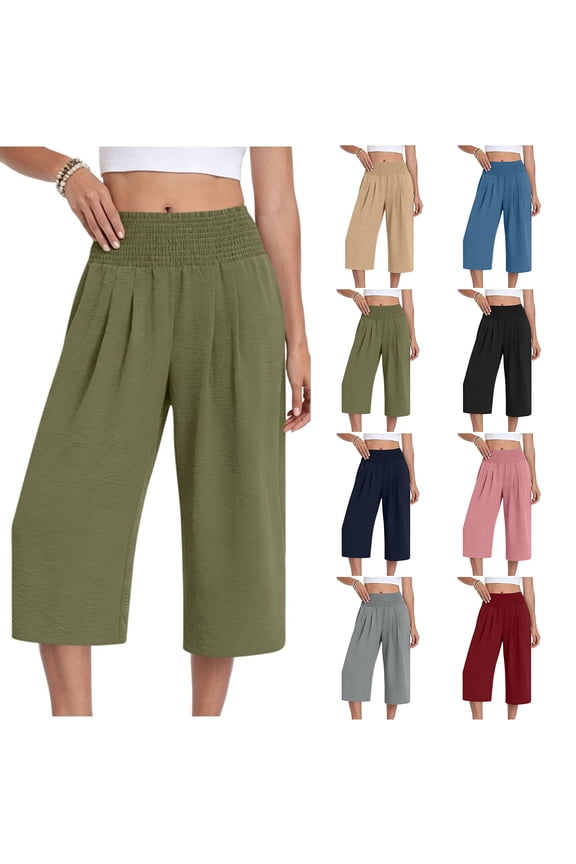 Women's Wide Leg Capri Pants Smocked High Waist Capris Palazzo Pants Summer Beach Vacation Casual Lounge Trousers with Pockets