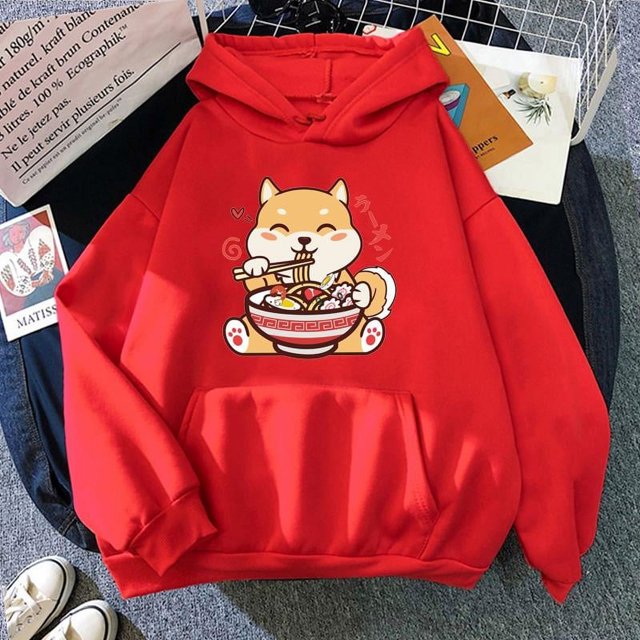 Nueva y linda sudadera con estampado de Shiba Inu Ramen, sudadera con capucha informal de manga larga para mujer y hombre