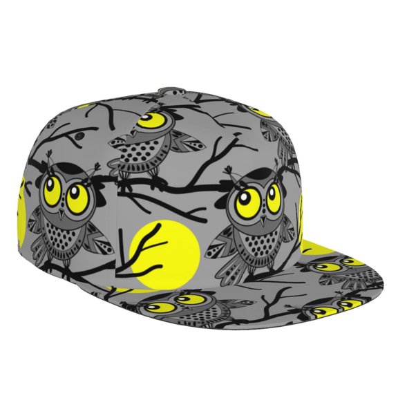 Flat Bill Trucker Hats for Women Men - Moon Owl - Gray Adjustable Flat Baseball Cap Snapback Hats Dad Hats for Men