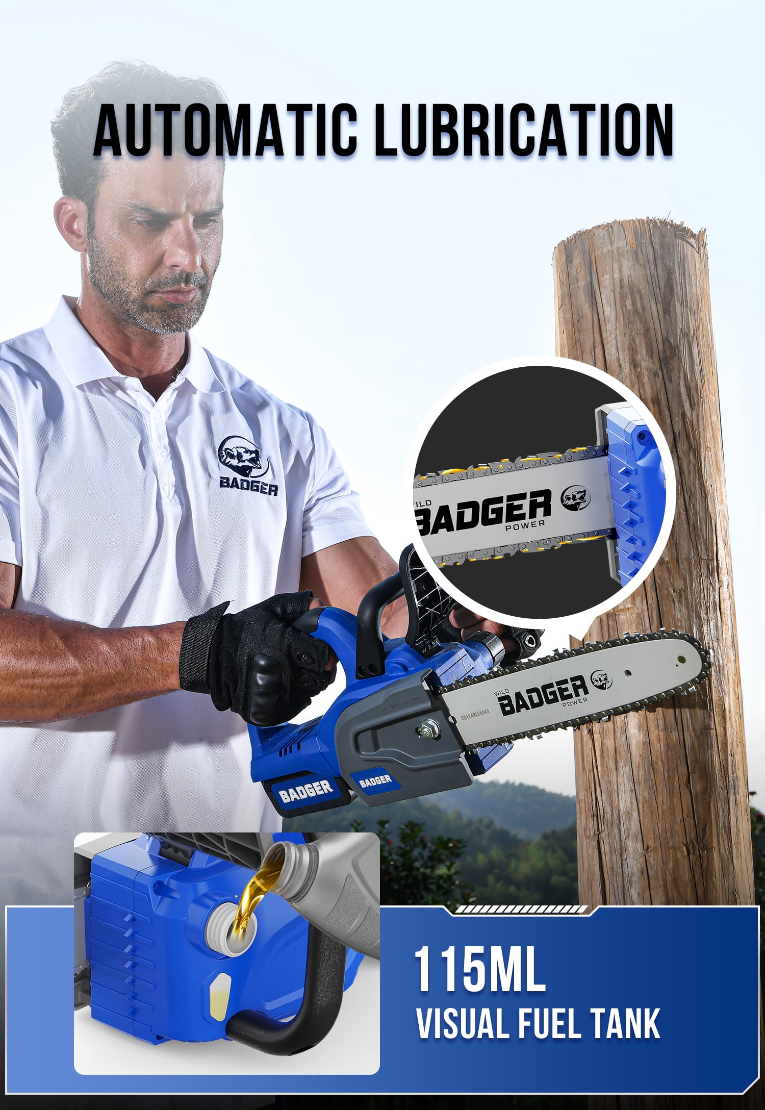 WILD BADGER POWER Electric Cutting Chainsaw Cordless 20V 12" Brushless, 4.0 Ah Battery and Charger