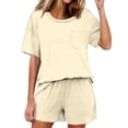 thumbnail image 3 of Gifts Dianli Everyday Loungewear Summer Pajamas Solid Color Short Sleeve Pajama Set Round Neck Top With Pants Lightweight Breathable Cotton Blend Elastic Waist Women's Home Sleepwear, 3 of 8