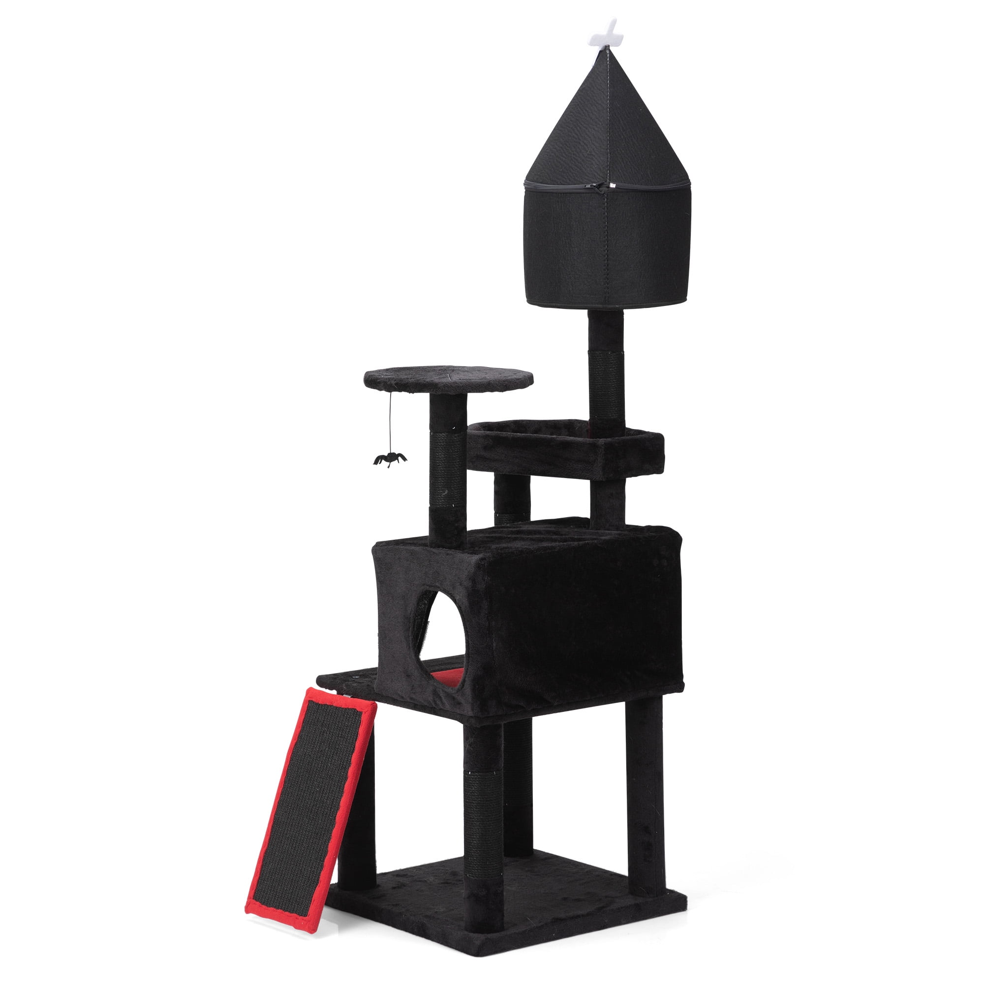 Kadyn 64" Gothic Cat Tree with Coffin Bed for Indoor Cats, Cat Tower with Scratching Ramp, Modern Cat Tree House with Condo, Black