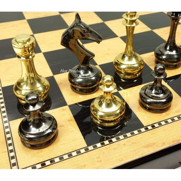 Brass Metal Gold  Black Modern Slim Staunton Chess Set 18" Walnut Color Board