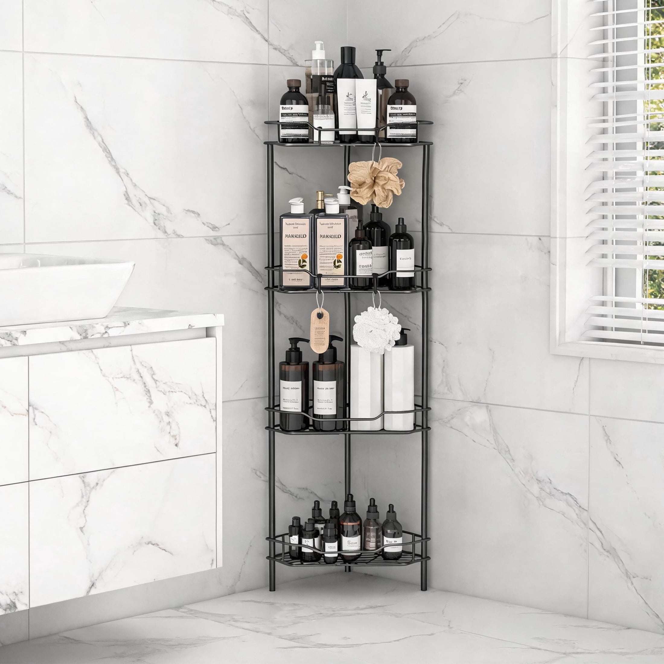 Corner Shower Caddy, 4‑Tier Floor‑Standing Bathroom Storage Shelf, Black